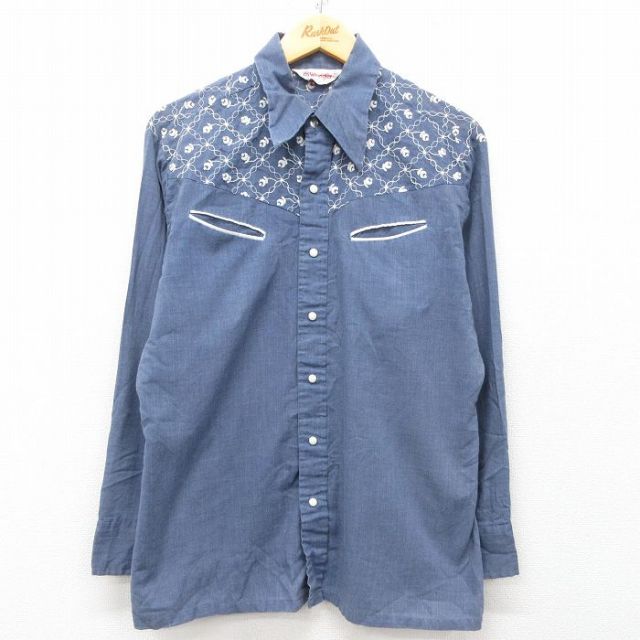 L★古着 ラングラー Wrangler 長袖 ウエスタン シャツ メンズ 70年代 USA製 紺 ネイビー 25mar28 中古 トップス