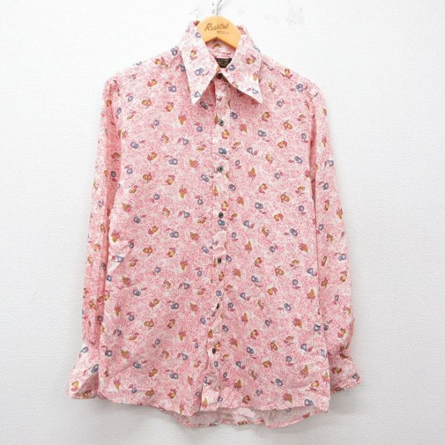M★古着 長袖 シャツ メンズ 70年代 サクランボ ブドウ USA製 赤他 レッド 25mar28 中古 トップス
