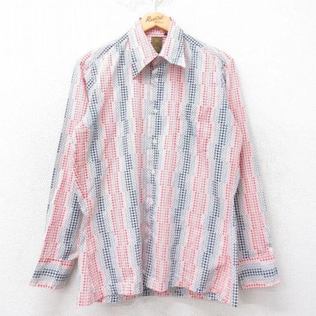 【50%OFF】M★古着 長袖 シャツ メンズ 70年代 白他 ホワイト ドット 25apr01 中古 トップス