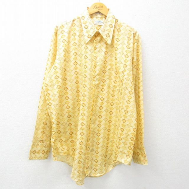 XL★古着 マンハッタン 長袖 シャツ メンズ 70年代 70s 総柄 大きいサイズ ロング丈 USA製 黄他 イエロー 【spe】 25may09 中古 トップス