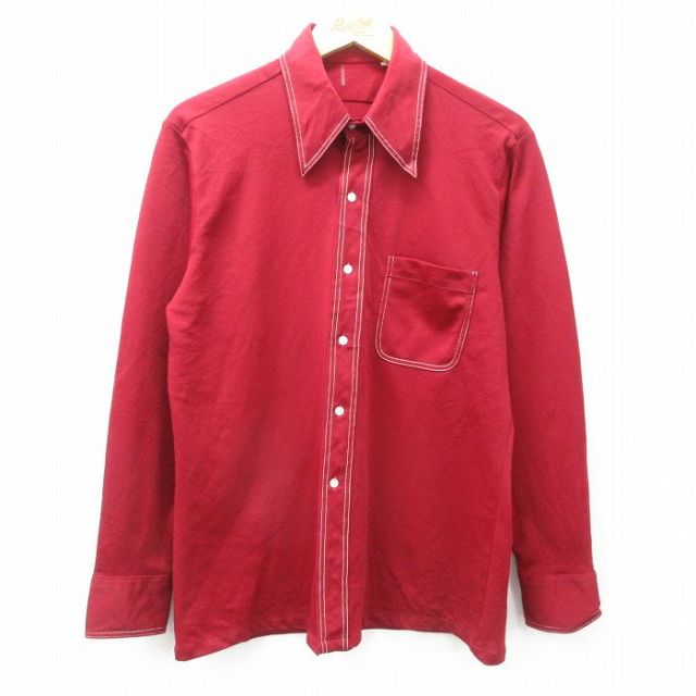 L★古着 長袖 シャツ メンズ 70年代 70s えんじ系 25may09 中古 トップス