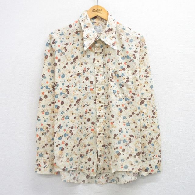 XL★古着 Kマート 長袖 シャツ メンズ 70年代 70s 総柄 大きいサイズ USA製 ベージュ他 カーキ 【spe】 25jun28 中古 トップス