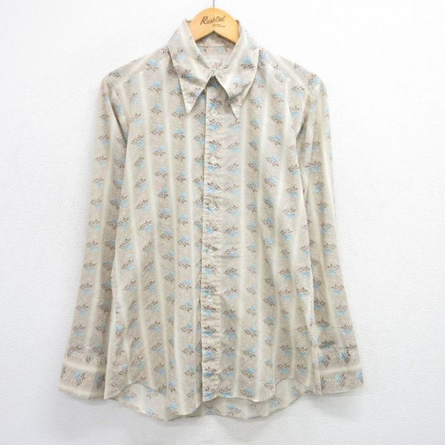 L★古着 長袖 シャツ メンズ 70年代 70s 総柄 濃ベージュ カーキ 25jun28 中古 トップス
