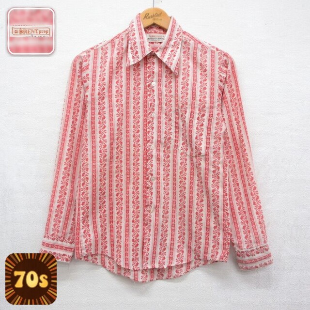 70s 長袖シャツ 花ストライプ レッド メンズS相当 | 古着