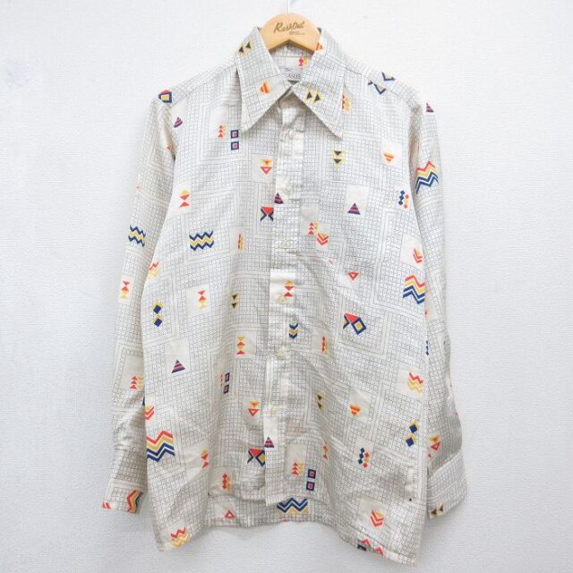 70s 長袖シャツ 総柄 ホワイト メンズM相当 | 古着
