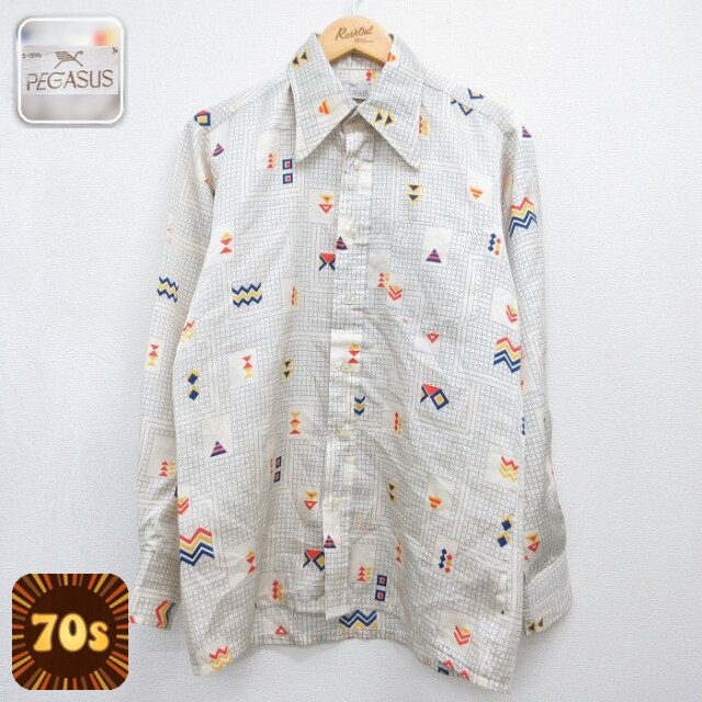 70s 長袖シャツ 総柄 ホワイト メンズM相当 | 古着