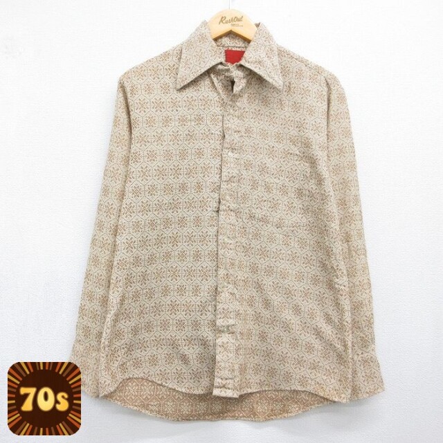 70s 長袖シャツ 総柄 ベージュ メンズM相当 | 古着