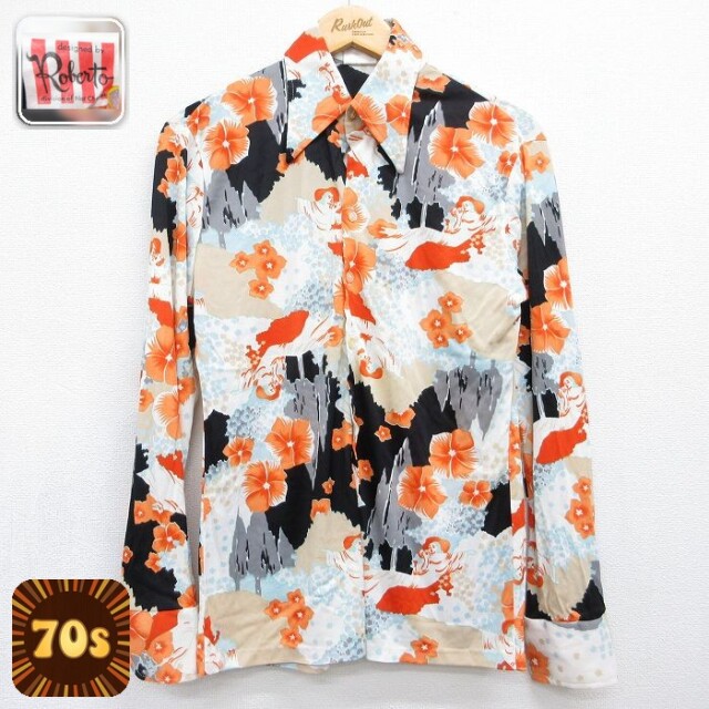 70s 長袖シャツ 花 ライトブルー メンズS相当 | 古着