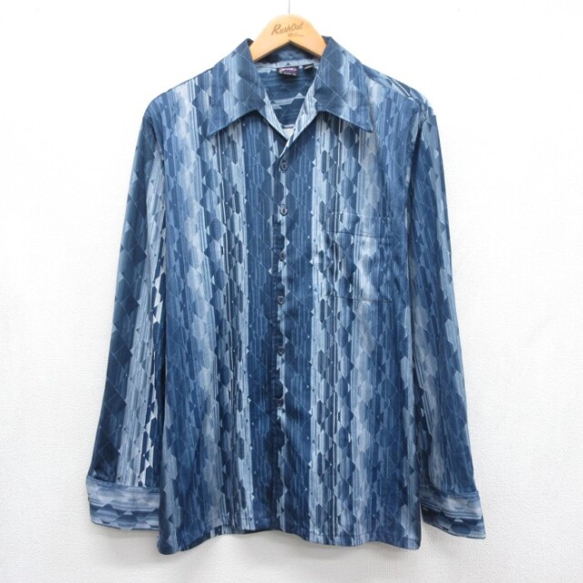 Joel 70s 長袖シャツ ダイヤ柄 ネイビー メンズM相当 | 古着
