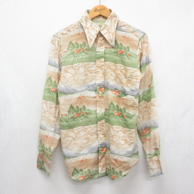 THE COUNTY SEAT 70s 長袖シャツ 総柄 ベージュ メンズS相当 | 古着