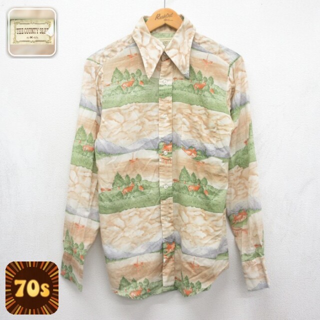 THE COUNTY SEAT 70s 長袖シャツ 総柄 ベージュ メンズS相当 | 古着