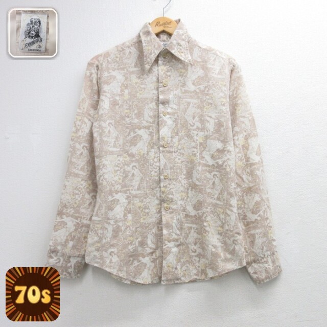 ケニントン 70s 長袖シャツ カリフォルニア総柄 ベージュ メンズM相当 | 古着