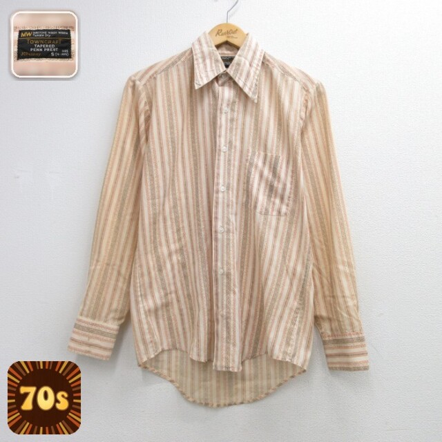 TOWNCRAFT 70s 長袖シャツ PENN PRESTストライプ ベージュ メンズM相当 | 古着