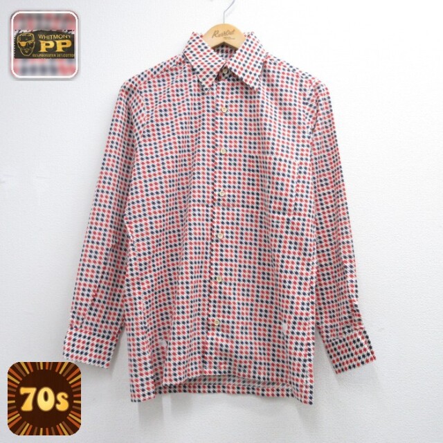 70s 長袖シャツ 千鳥格子 レッド メンズM相当 | 古着