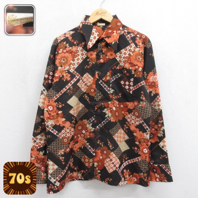 KINGS ROAD 70s 長袖シャツ 花柄パッチワーク ブラック メンズL相当 | 古着