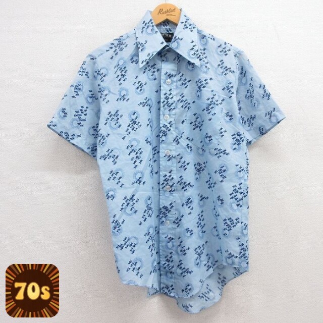 【50%OFF】70s 半袖シャツ 総柄 ネイビー M | 古着