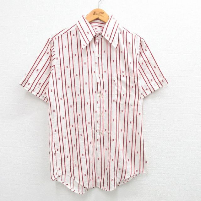 古着通販 M☆古着 半袖 シャツ メンズ 70年代 70s 白他 ストライプ