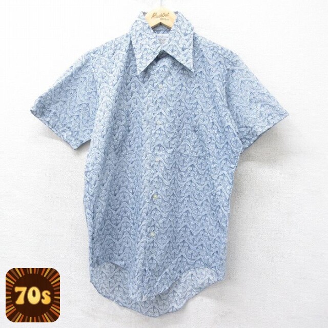 【50%OFF】70s 半袖シャツ 総柄 ネイビー M | 古着
