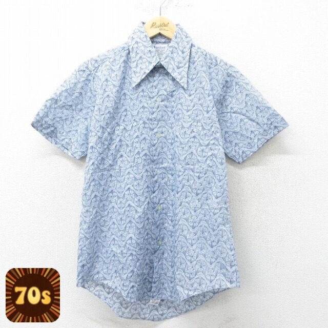 【50%OFF】70s 半袖シャツ 総柄 ネイビー M | 古着