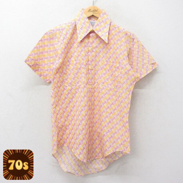 【50%OFF】70s 半袖シャツ 総柄 イエロー M | 古着