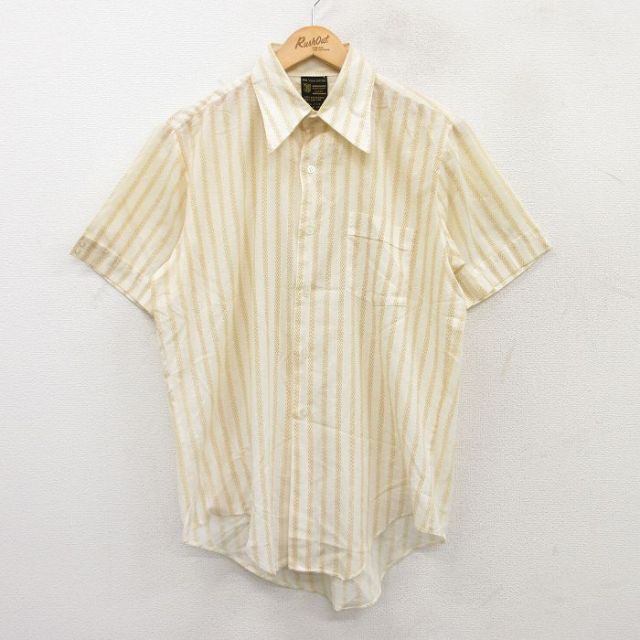 古着通販 L☆古着 半袖 シャツ メンズ 70年代 70s 薄ベージュ他 ストライプ