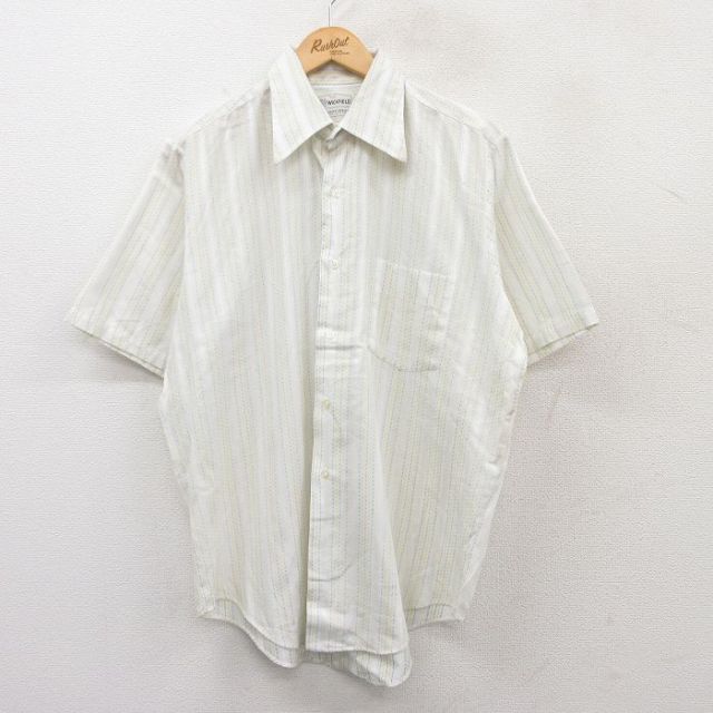 【50%OFF】L★古着 半袖 シャツ メンズ 70年代 70s 白他 ホワイト ストライプ 25may15 中古 トップス