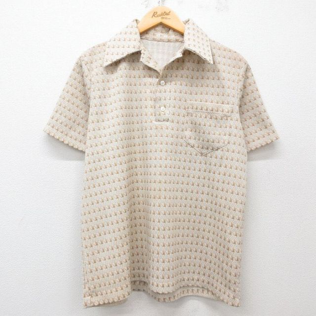 L★古着 半袖 シャツ メンズ 70年代 70s 総柄 開襟 オープンカラー ベージュ カーキ 25may31 中古 トップス