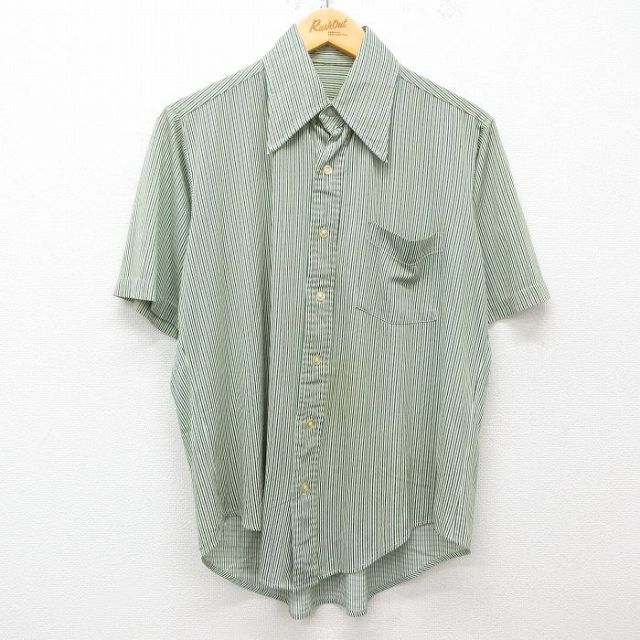 【50%OFF】L★古着 半袖 シャツ メンズ 70年代 70s 緑他 グリーン ストライプ 25may31 中古 トップス