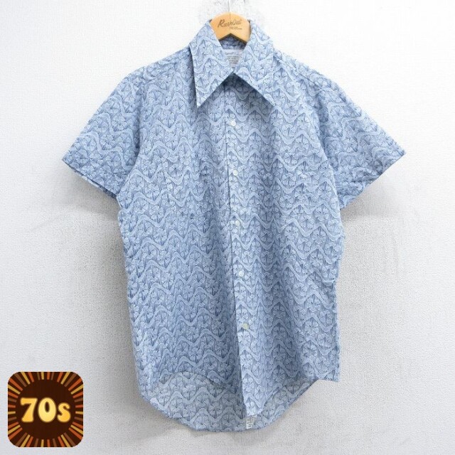 【50%OFF】70s 半袖シャツ 総柄 ネイビー M | 古着