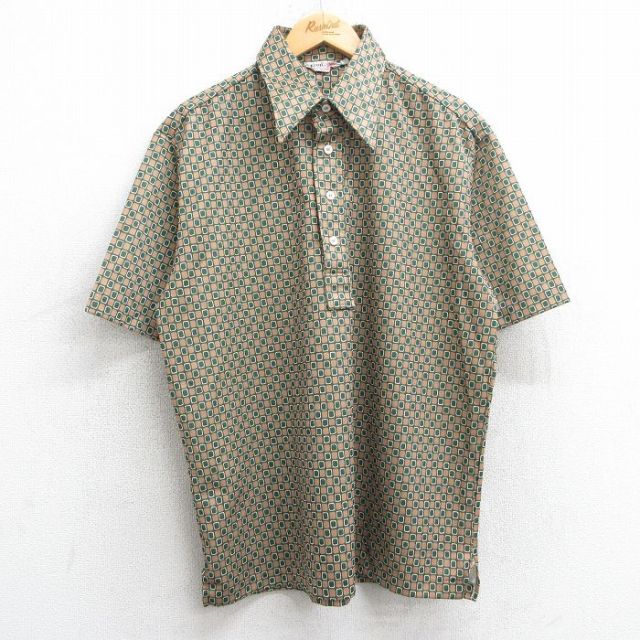 L★古着 IZOD 半袖 シャツ メンズ 70年代 70s 総柄 USA製 ベージュ他 カーキ 【spe】 25jun18 中古 トップス