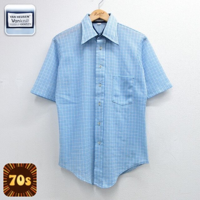【20%OFF】70s 半袖シャツ チェック ライトブルー メンズM相当 | 古着