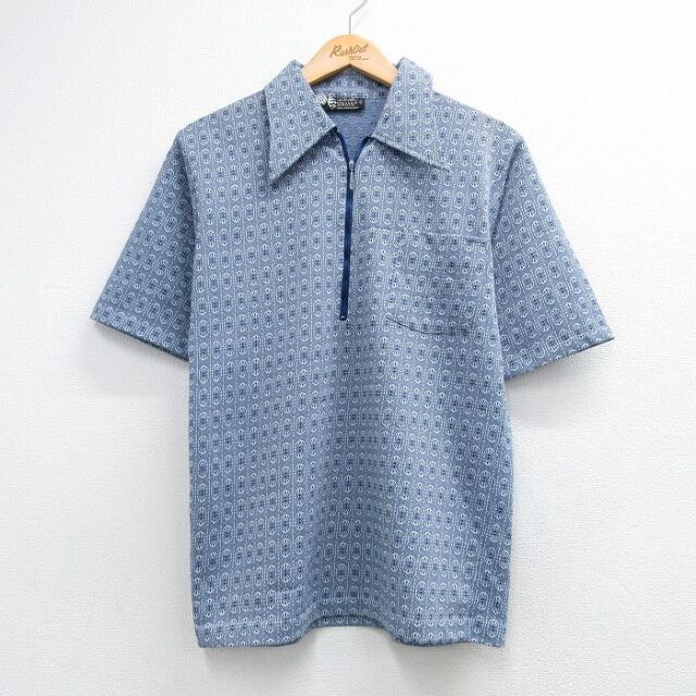 70s 半袖ハーフジップシャツ 総柄 ネイビー メンズS相当 | 古着