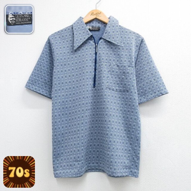 【20%OFF】70s 半袖ハーフジップシャツ 総柄 ネイビー メンズS相当 | 古着