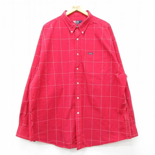 XL★古着 ラルフローレン Ralph Lauren チャップス 長袖 ブランド シャツ メンズ 90年代 90s 大きいサイズ ロング丈 コットン ボタンダウン 赤他 レッド チェック 24jan31 中古 トップス