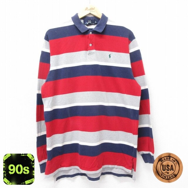 【50%OFF】ラルフローレン 90s 長袖ポロシャツ ワンポイントロゴ ネイビーボーダー L | 古着