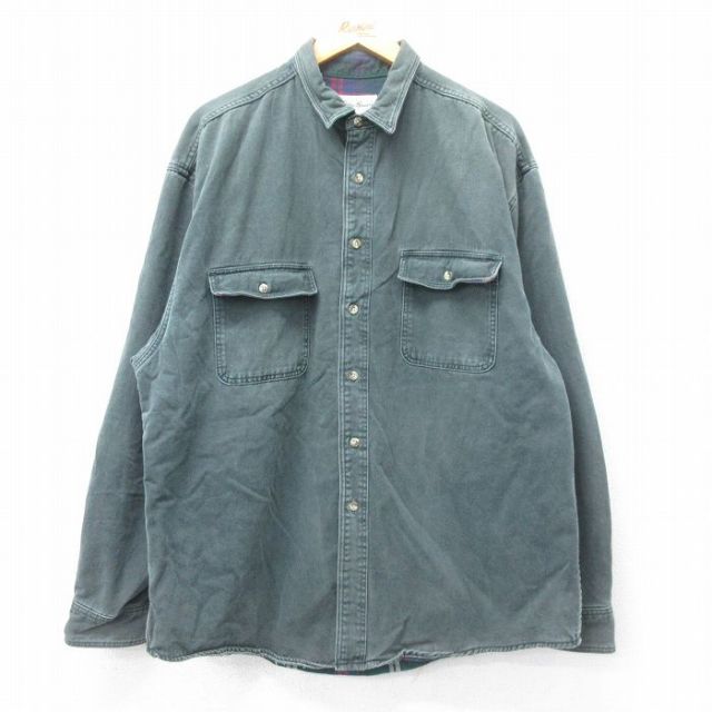 【50%OFF】XL★古着 エディーバウアー 長袖 ブランド シャツ メンズ 90年代 90s ロング丈 コットン USA製 緑 グリーン 内側フランネル 25jan07 中古 トップス