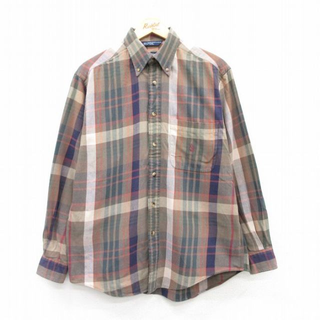 【20%OFF】M★古着 ノーティカ NAUTICA 長袖 ブランド シャツ メンズ 90年代 90s ワンポイントロゴ コットン ボタンダウン 茶他 ブラウン チェック 25jan23 中古 トップス
