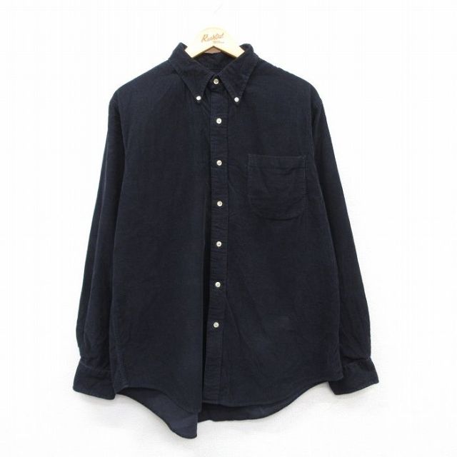【50%OFF】XL★古着 ランズエンド 長袖 ブランド シャツ メンズ 90年代 90s コーデュロイ コットン ボタンダウン 紺 ネイビー 25jan23 中古 トップス