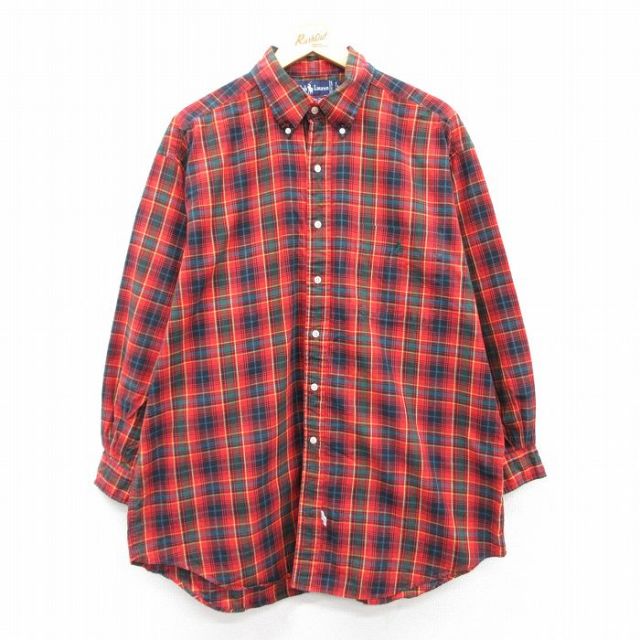 【50%OFF】XL★古着 ラルフローレン Ralph Lauren 長袖 ブランド シャツ メンズ 90年代 90s The Big Shirt ワンポイントロゴ 大きいサイズ コットン ボタンダウン 赤他 レッド チェック 【spe】 25jan23 中古 トップス
