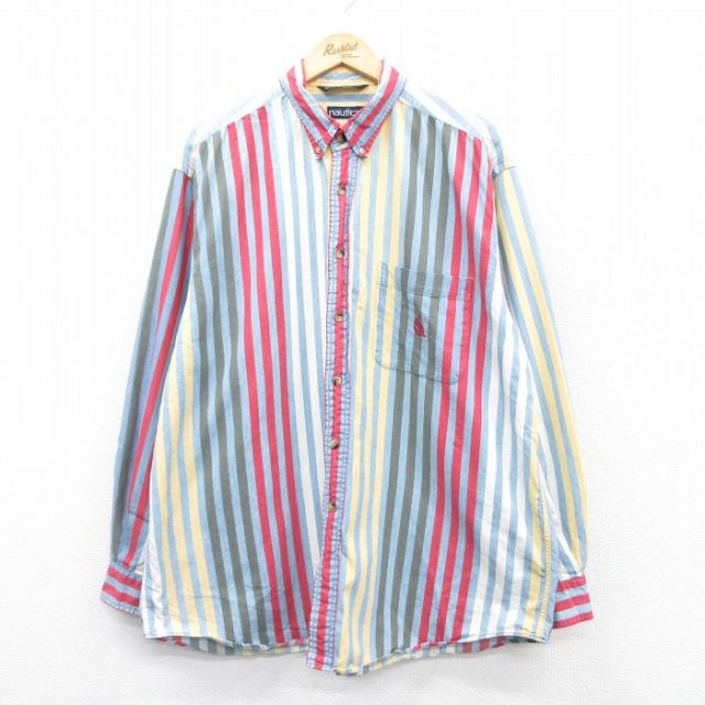 【50%OFF】XL★古着 ノーティカ NAUTICA 長袖 ブランド シャツ メンズ 90年代 90s ワンポイントロゴ 大きいサイズ ロング丈 コットン ボタンダウン 薄青他 ブルー ストライプ 25jan25 中古 トップス