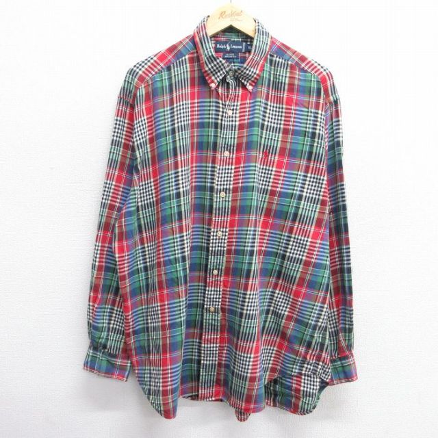 XL★古着 ラルフローレン Ralph Lauren 長袖 ブランド シャツ メンズ 90年代 90s ワンポイントロゴ BLAIRE 大きいサイズ コットン ボタンダウン 赤他 レッド チェック 25jan30 中古 トップス