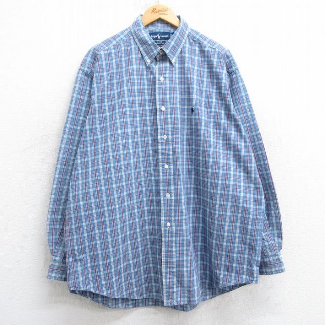 XL★古着 ラルフローレン Ralph Lauren 長袖 ブランド シャツ メンズ 90年代 90s ワンポイントロゴ BLAKE 大きいサイズ ロング丈 コットン ボタンダウン 薄紺他 ネイビー チェック 25feb07 中古 トップス
