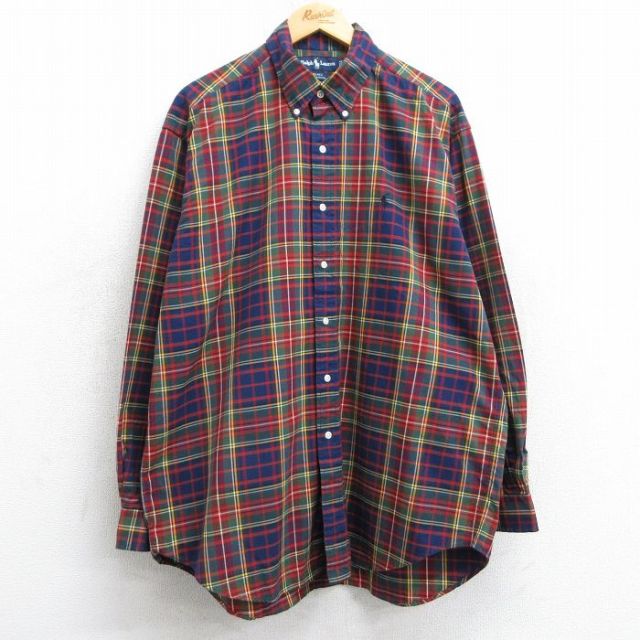 XL★古着 ラルフローレン Ralph Lauren 長袖 ブランド シャツ メンズ 90年代 90s ワンポイントロゴ BLAKE 大きいサイズ ロング丈 コットン ボタンダウン 紺他 ネイビー チェック 25feb07 中古 トップス