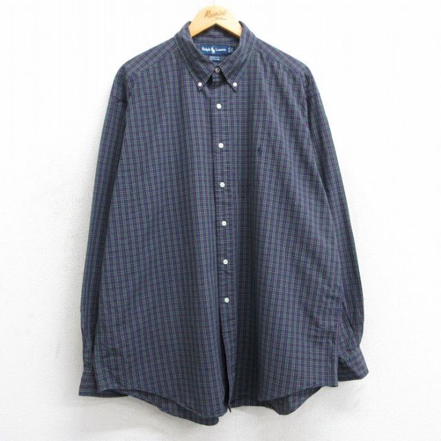 XL★古着 ラルフローレン Ralph Lauren 長袖 ブランド シャツ メンズ 90年代 90s ワンポイントロゴ YAMOUTH 大きいサイズ ロング丈 コットン ボタンダウン 緑他 グリーン チェック 25feb07 中古 トップス