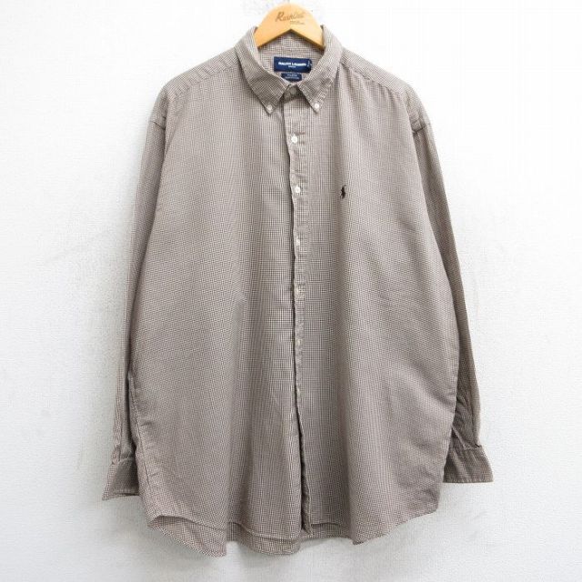 XL★古着 ラルフローレン Ralph Lauren ゴルフ 長袖 ブランド シャツ メンズ 90年代 90s ワンポイントロゴ TILDEN 大きいサイズ ロング丈 コットン ボタンダウン 茶他 ブラウン チェック 25feb07 中古 トップス