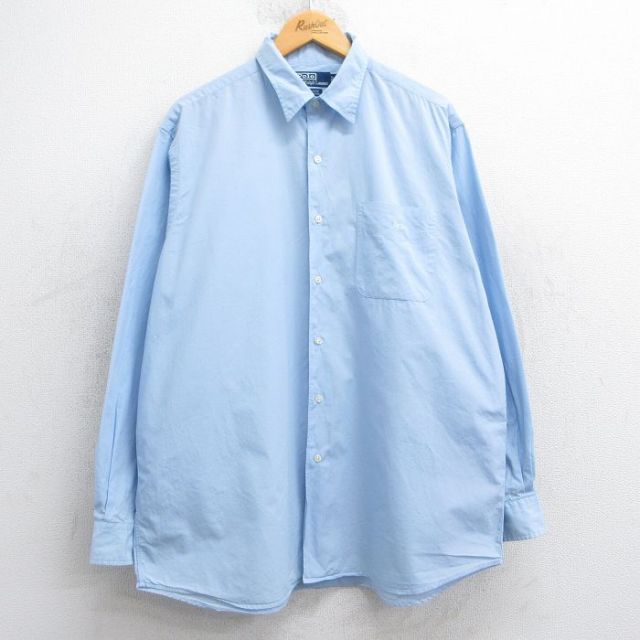 XL★古着 ラルフローレン Ralph Lauren 長袖 ブランド シャツ メンズ 90年代 90s ワンポイントロゴ MARLOWE 大きいサイズ ロング丈 コットン ボタンダウン 薄紺 ネイビー 25feb07 中古 トップス