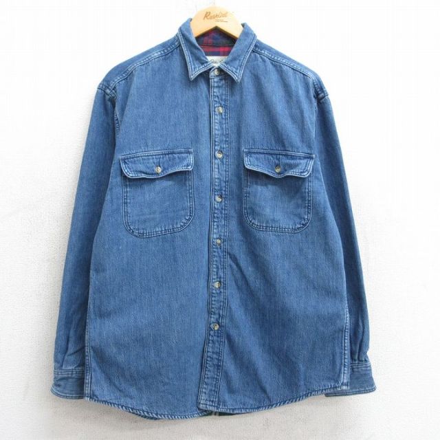 L★古着 エディーバウアー 長袖 ブランド シャツ メンズ 90年代 90s コットン USA製 紺 ネイビー デニム 内側フランネル 25feb07 中古 トップス