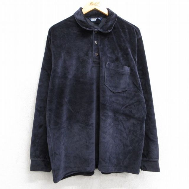 L★古着 ランズエンド 長袖 ブランド ポロ シャツ メンズ 90年代 90s ベロア USA製 紺 ネイビー 25feb07 中古 トップス