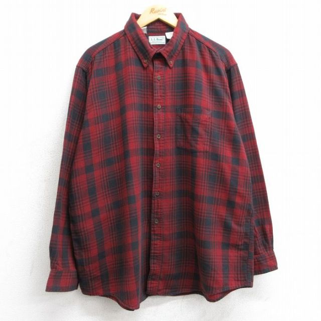 XL★古着 エルエルビーン LLBEAN 長袖 ブランド シャツ メンズ 90年代 90s 大きいサイズ コットン ボタンダウン USA製 赤他 レッド チェック 25feb07 中古 トップス