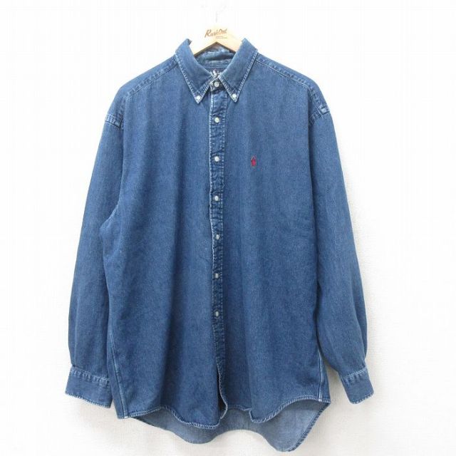 XL★古着 ラルフローレン Ralph Lauren 長袖 ブランド シャツ メンズ 90年代 90s ワンポイントロゴ BLAKE 大きいサイズ ロング丈 コットン ボタンダウン 紺 ネイビー デニム 【spe】 25feb10 中古 トップス